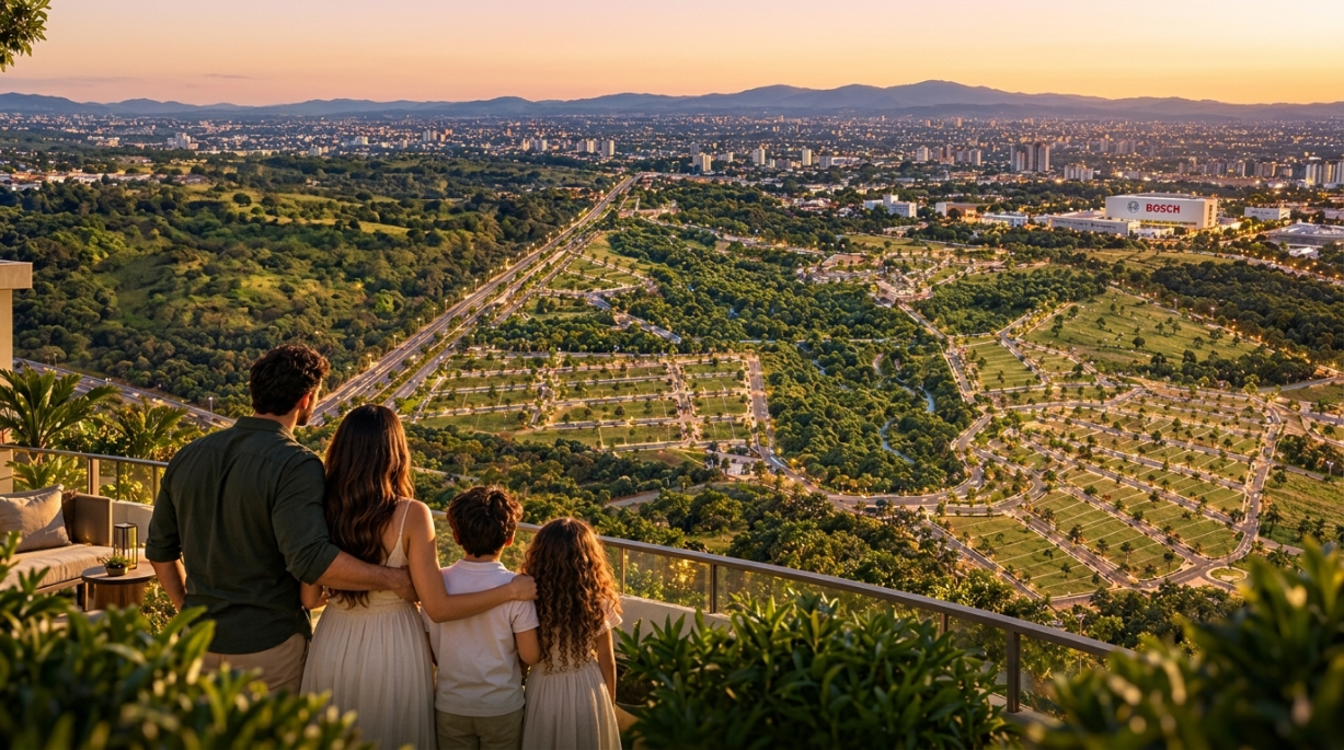 Família contemplando o Reserva Taraz e a paisagem de Campinas